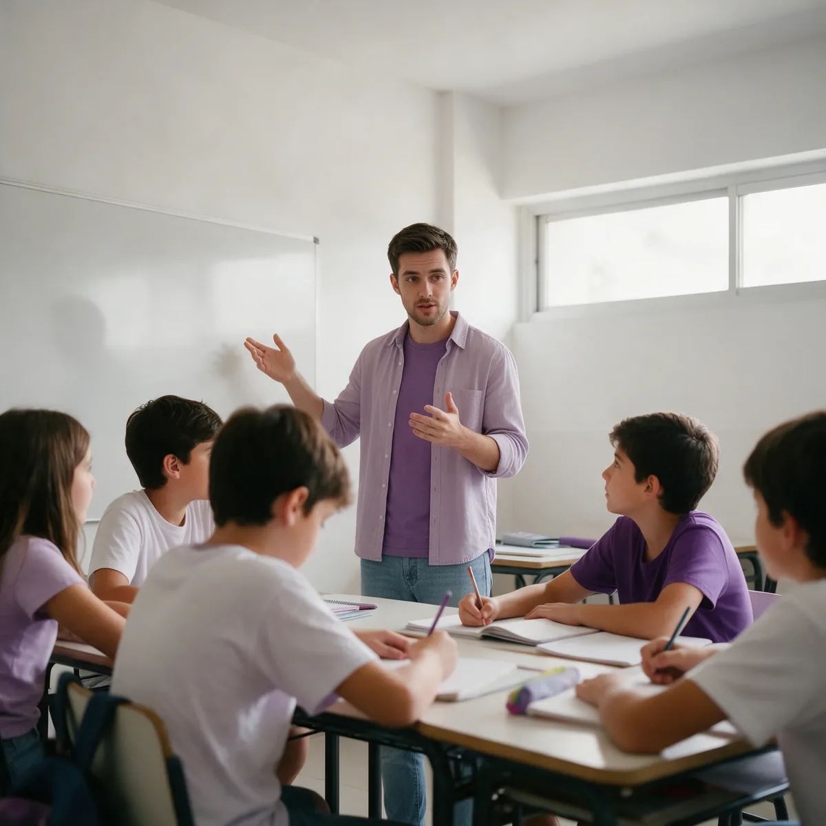 Profesor explicando a un grupo reducido de alumnos en clase