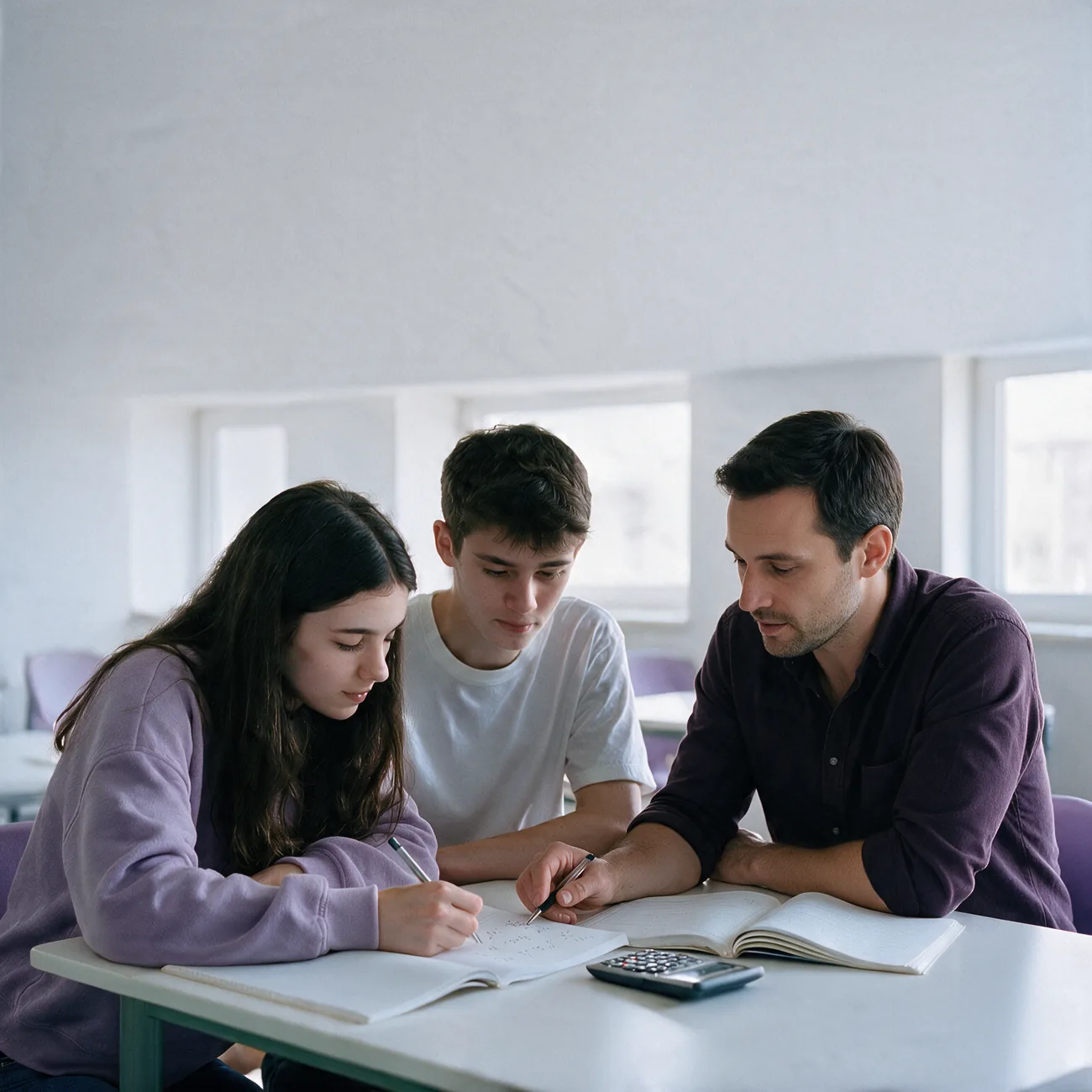 Docente explicando un ejercicio a dos estudiantes que preparan el ingreso a Ciencias Económicas