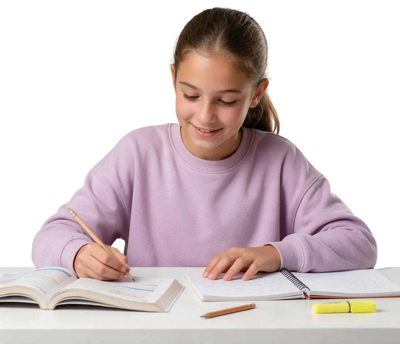 Alumna estudiando, escribe en su cuaderno junto a un libro abierto
